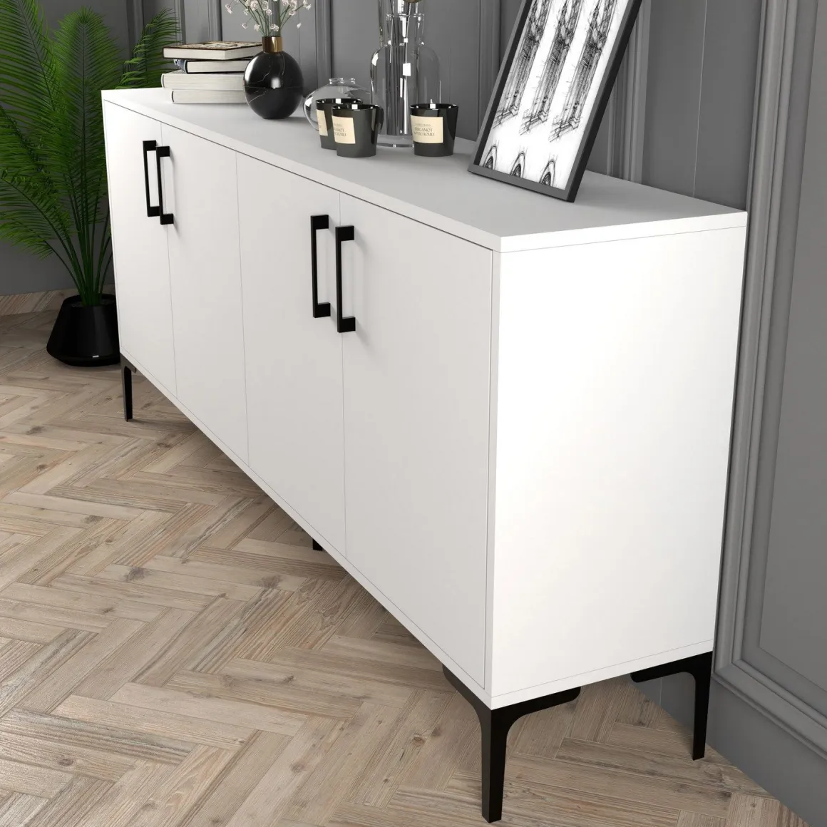 Credenza Bianco 2 Ripiani 4 Ante 180x35x78h cm, 4 Vani - Pollein