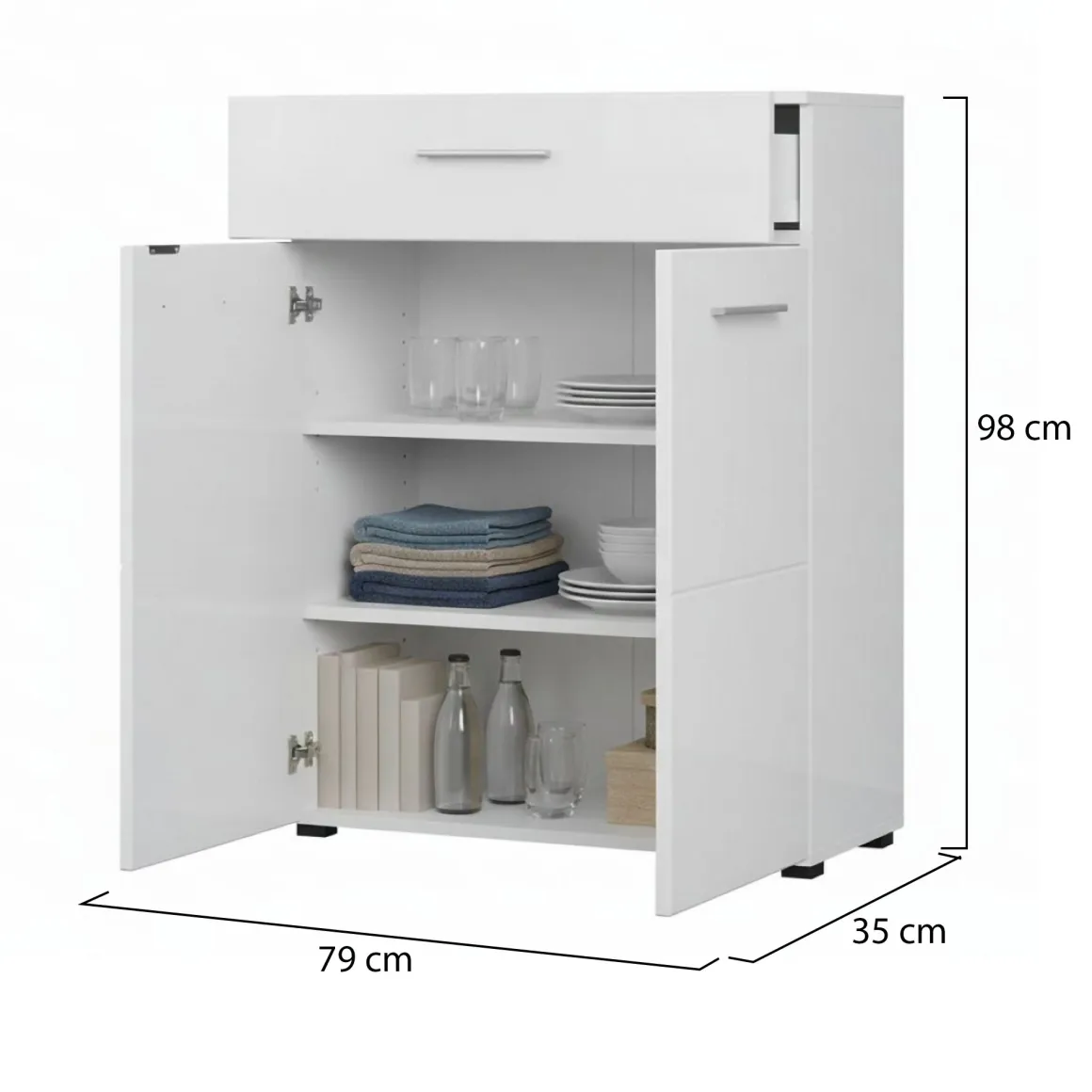 Credenza Bianco 2 Ripiani un Cassetto 79x35x97.5h cm, 3 Vani - Verduno