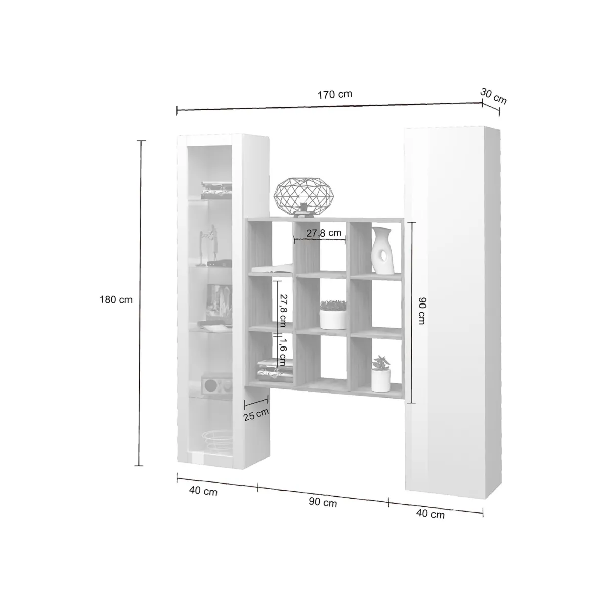 Madie|Credenze > Dmora Credenza 14 Ripiani 19 Vani 40x30x180h cm, 2 Ante - Colonno Bianco