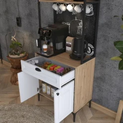 Madie|Credenze > Dmora Credenza Bianco Rovere Marrone un Cassetto un Ripiano 70x40x186h cm, Apertura Battente, Scorrevole - Nemoli Marrone, Bianco Rovere