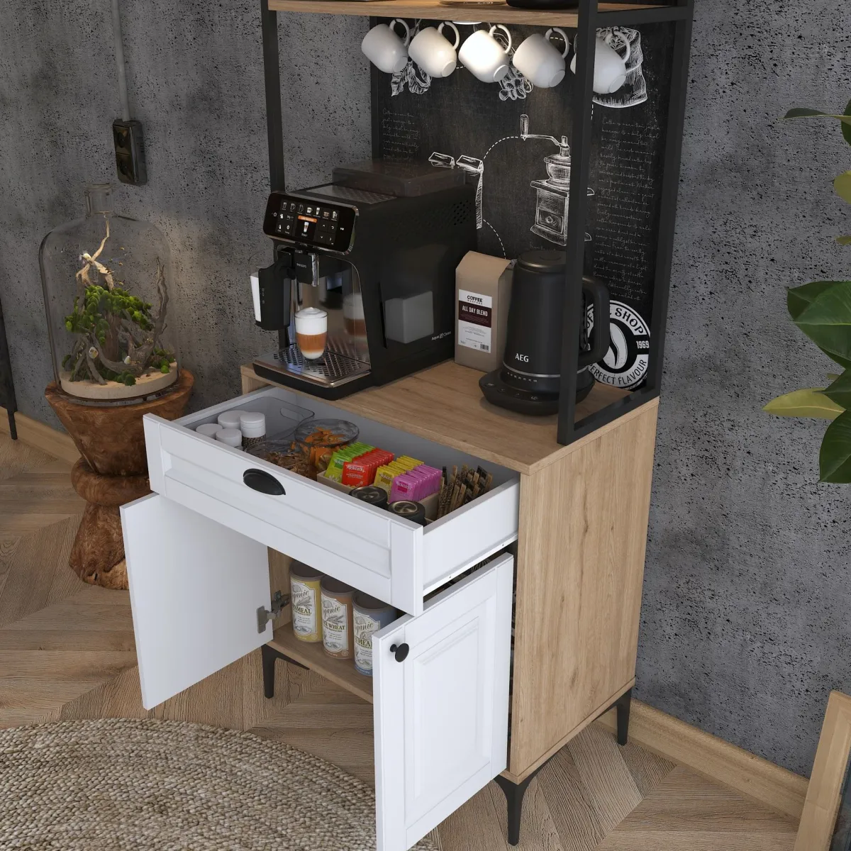 Madie|Credenze > Dmora Credenza Bianco Rovere Marrone un Cassetto un Ripiano 70x40x186h cm, Apertura Battente, Scorrevole - Nemoli Marrone, Bianco Rovere