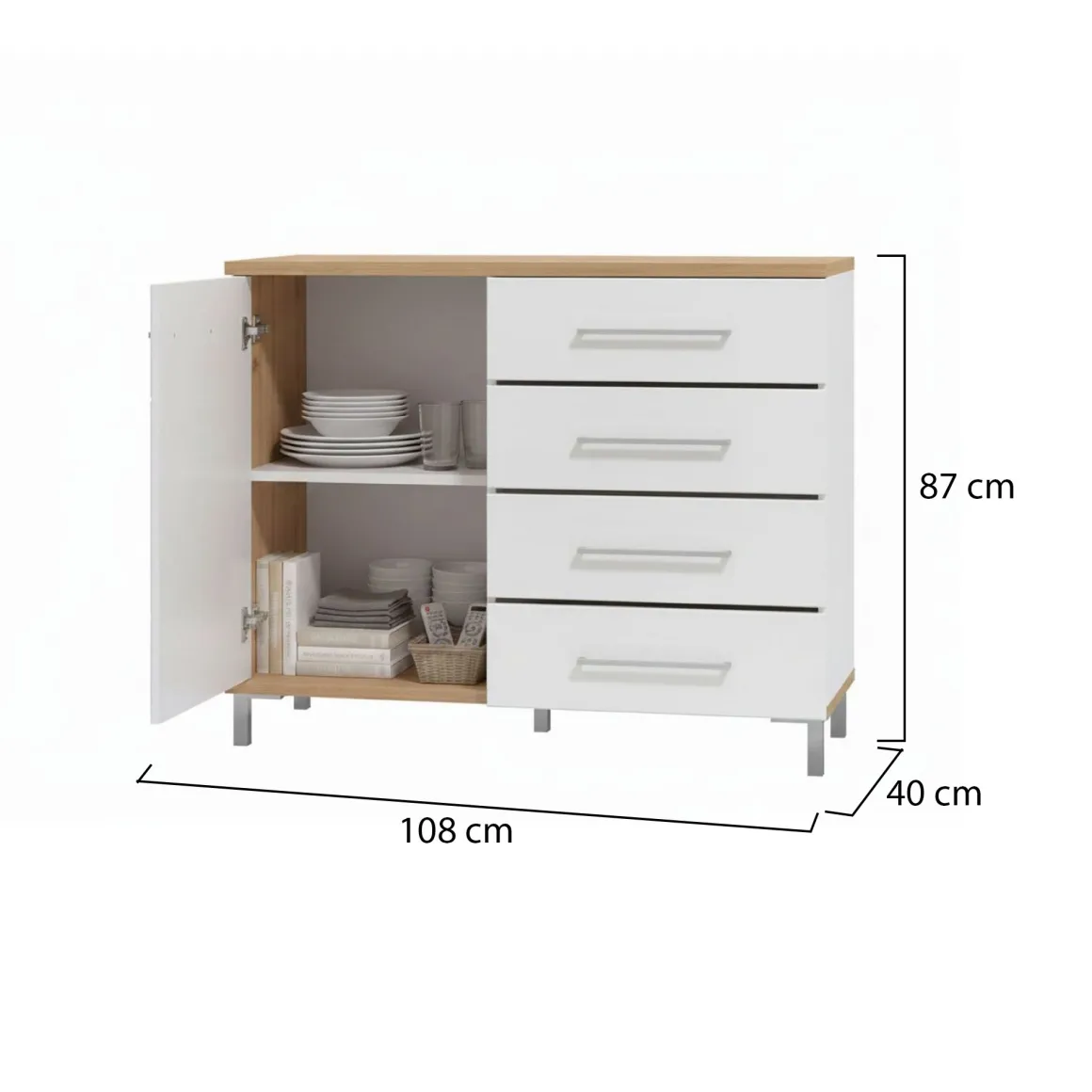 Credenza Bianco Rovere Nodi Marrone 4 Cassetti un Ripiano 108x40x87h cm, Apertura Battente e Scorrevole - Procopio