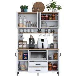 Credenza Biano Marrone 4 Ripiani 2 Cassetti 120x40x184h cm, 6 Ante - Mairag