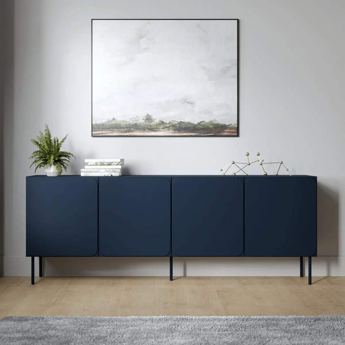 Madie|Credenze > Dmora Credenza 2 Ripiani Apertura Battente 200x42x75h cm, 4 Ante - Canino Blu