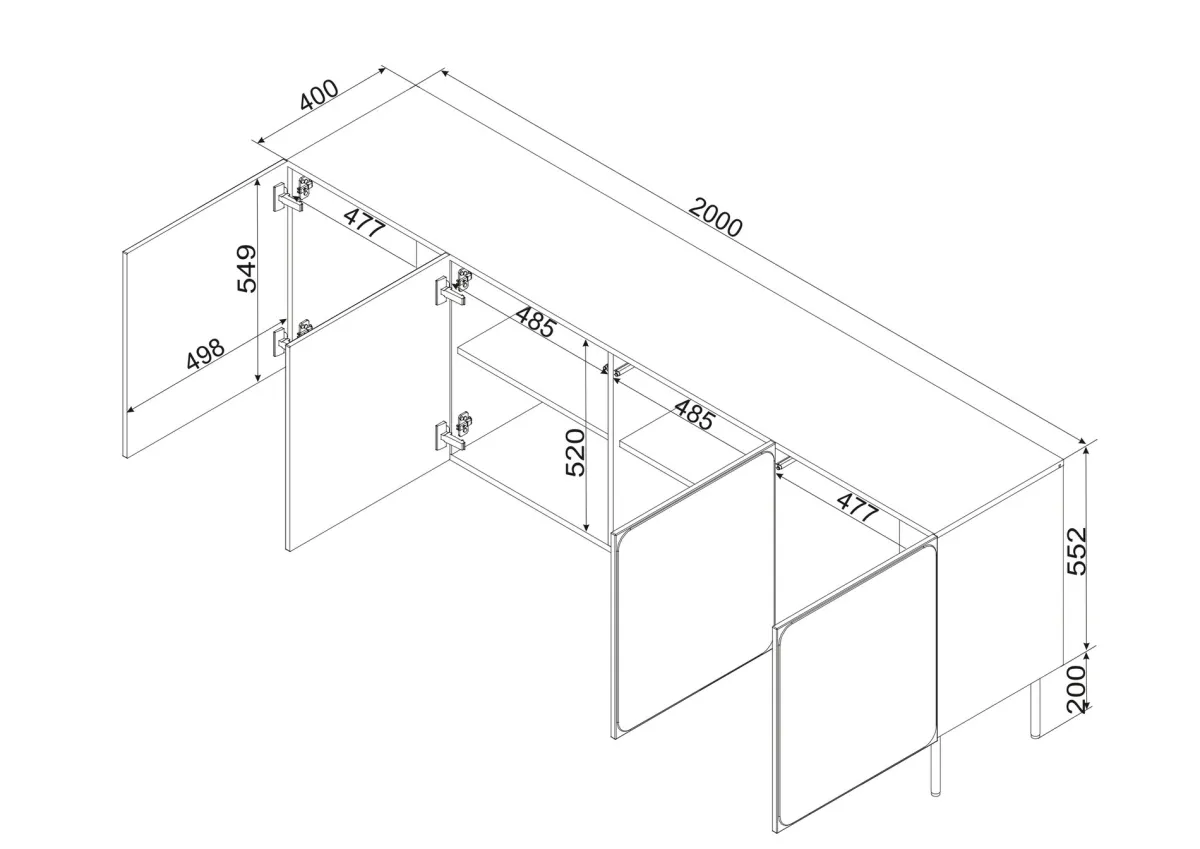 Madie|Credenze > Dmora Credenza 2 Ripiani Apertura Battente 200x42x75h cm, 4 Ante - Canino Blu