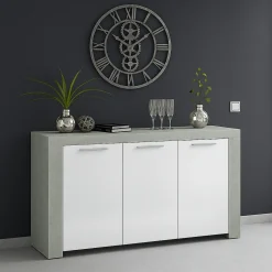 Cucina|Madie > Dmora Credenza cemento e bianca porta bicchieri 144x42x80h cm 3 ante - Amaculi Bianco, Grigio Cemento