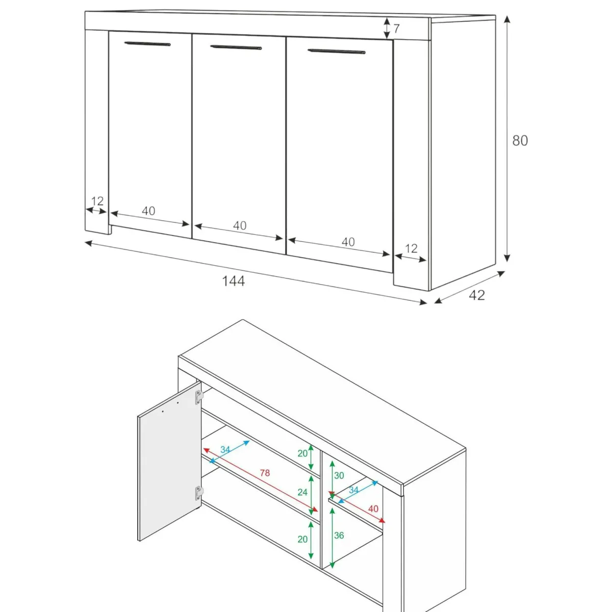 Cucina|Madie > Dmora Credenza cemento e bianca porta bicchieri 144x42x80h cm 3 ante - Amaculi Bianco, Grigio Cemento