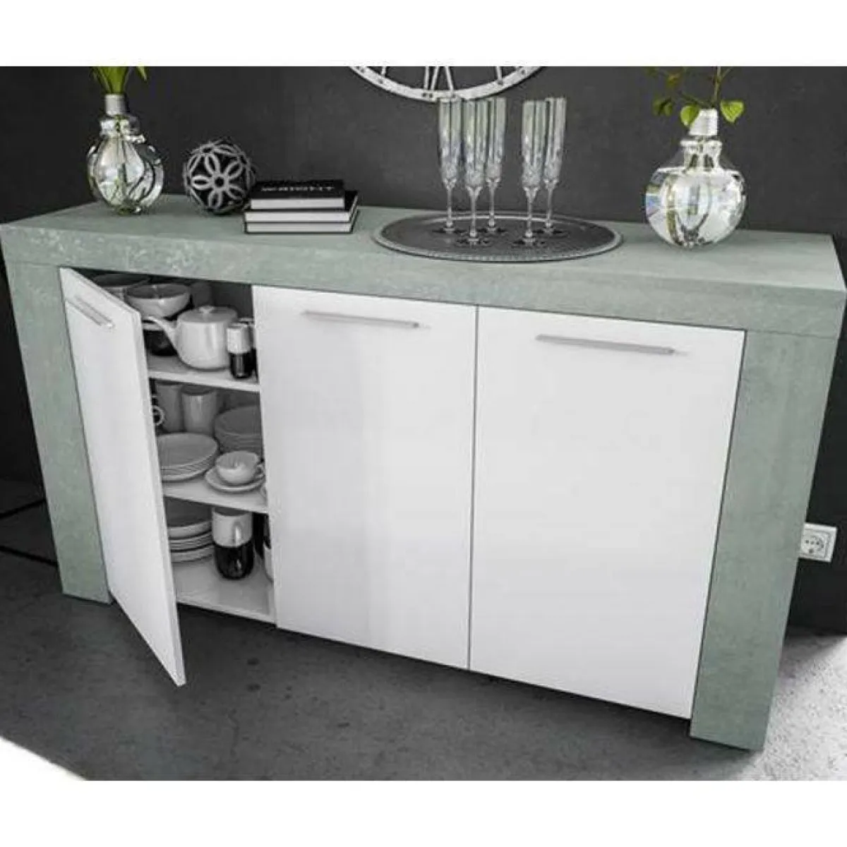 Cucina|Madie > Dmora Credenza cemento e bianca porta bicchieri 144x42x80h cm 3 ante - Amaculi Bianco, Grigio Cemento