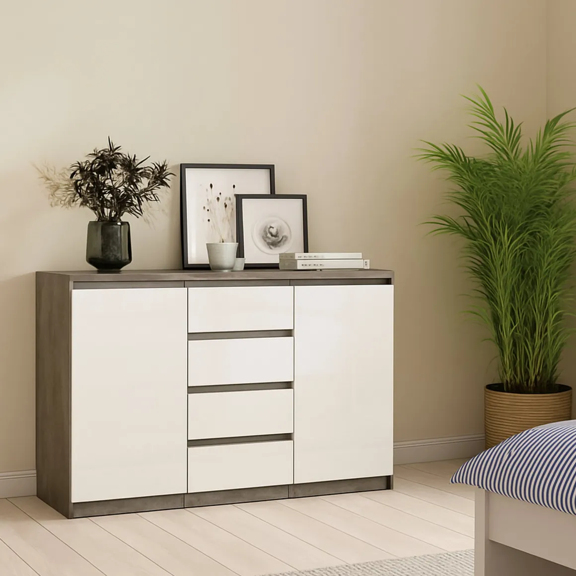 Madie|Credenze > Dmora Credenza cemento e bianco lucida 138x42x86h cm 3 ante - Dolphin Bianco Lucido, Grigio Cemento