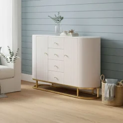 Madie|Credenze > Dmora Credenza crema e bianca 120x40x85h cm 2 ante e 4 cassetti - Lodovico Bianco, Bianco Crema