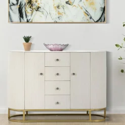 Madie|Credenze > Dmora Credenza crema e bianca 120x40x85h cm 2 ante e 4 cassetti - Lodovico Bianco, Bianco Crema