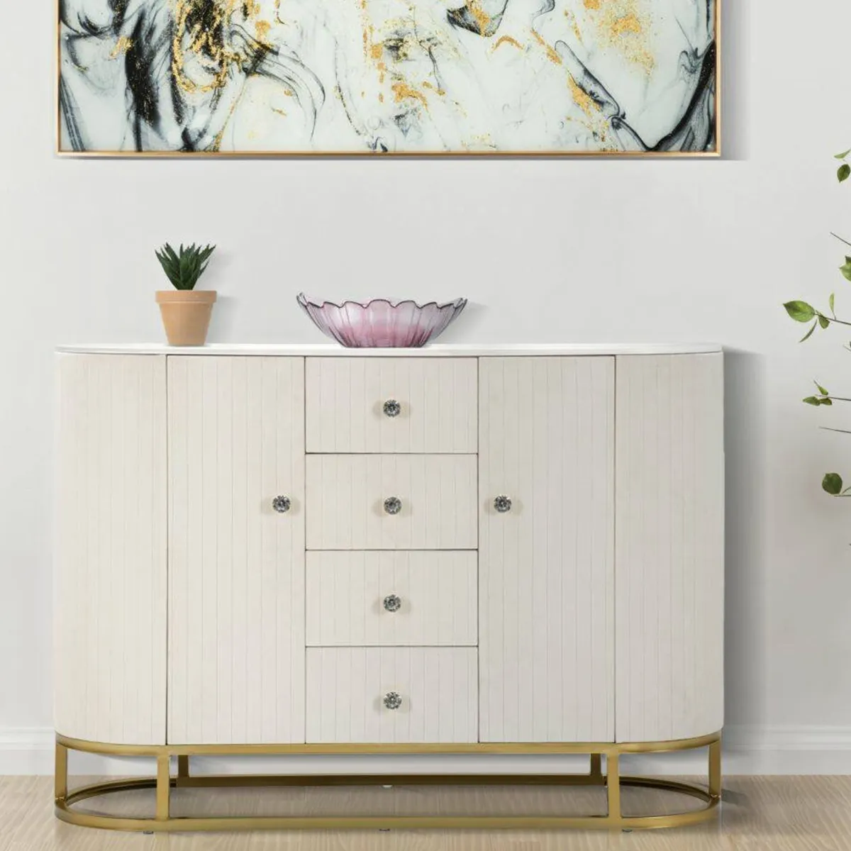 Madie|Credenze > Dmora Credenza crema e bianca 120x40x85h cm 2 ante e 4 cassetti - Lodovico Bianco, Bianco Crema