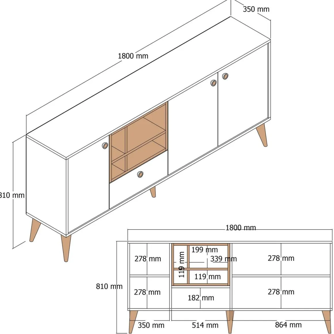 Credenza crema 180x35x81h cm 3 ante e 1 cassetto - Lucertola