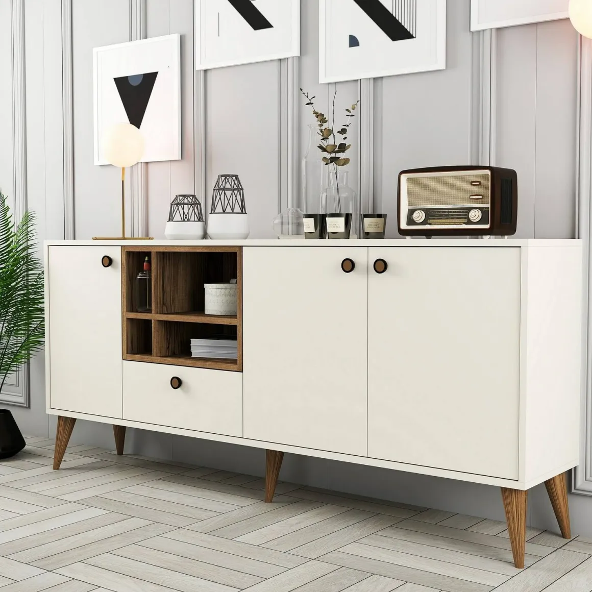 Credenza crema 180x35x81h cm 3 ante e 1 cassetto - Lucertola