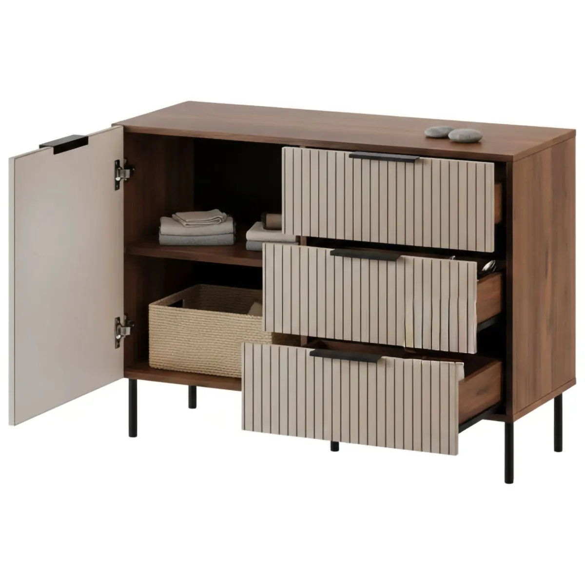 Madie|Credenze > Dmora Credenza Grado, 104x42 h75 cm, Noce e Beige Beige Cashmere, Marrone Noce