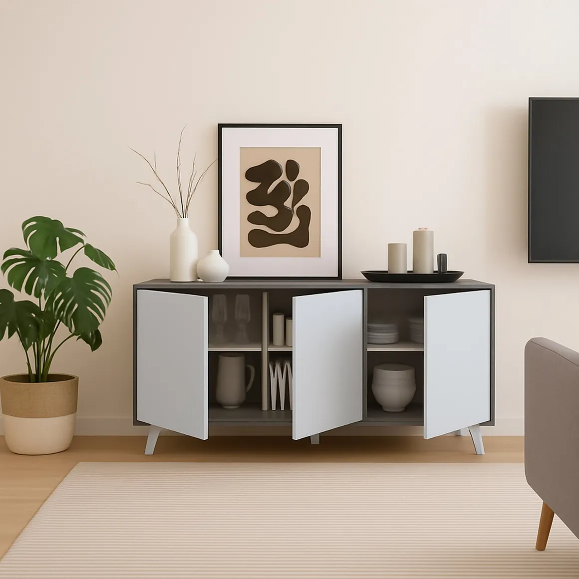 Credenza grigia chiaro e bianca porta piatti 153x39x72h cm 3 ante - Annina