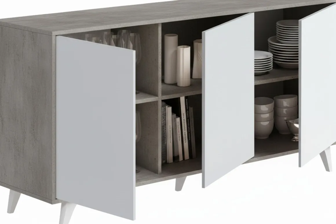 Credenza grigia chiaro e bianca porta piatti 153x39x72h cm 3 ante - Annina