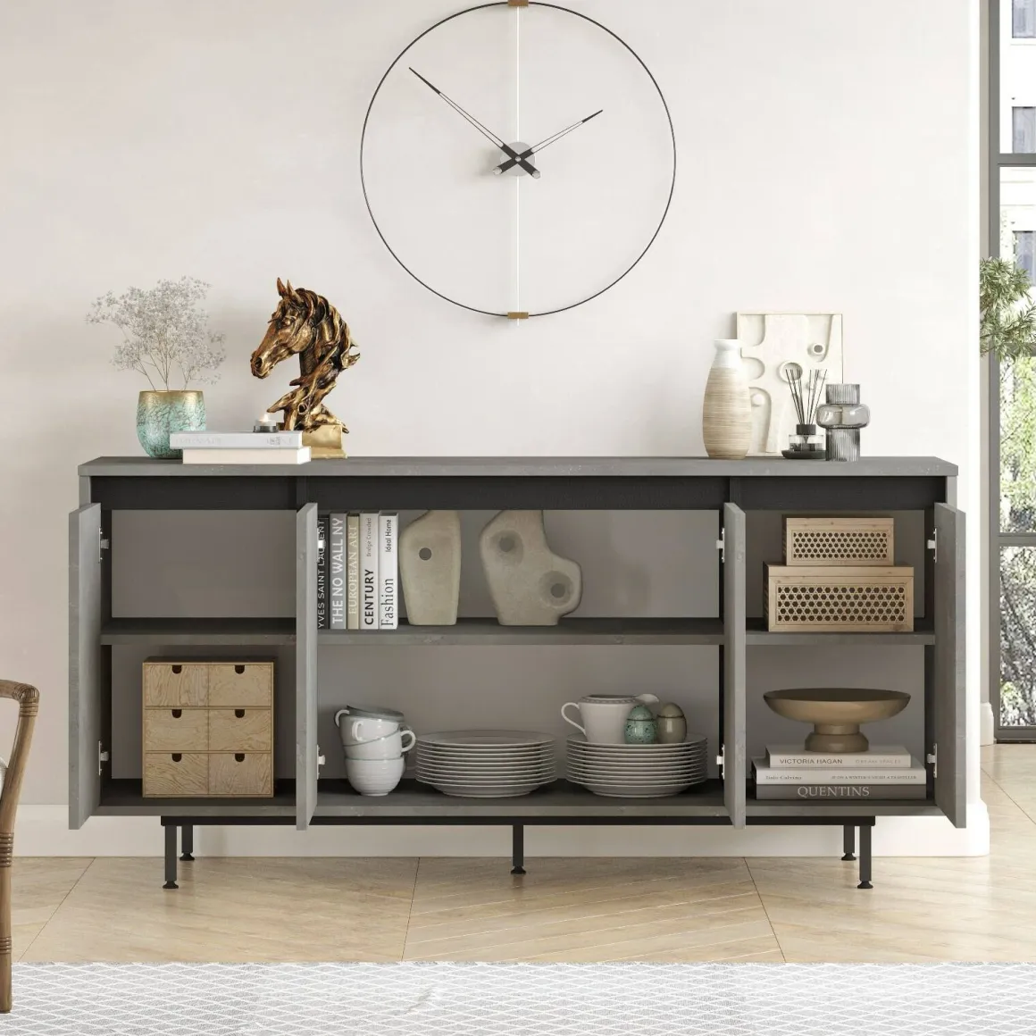 Credenza grigia e nera 160x44x75h cm 4 ante - Kay