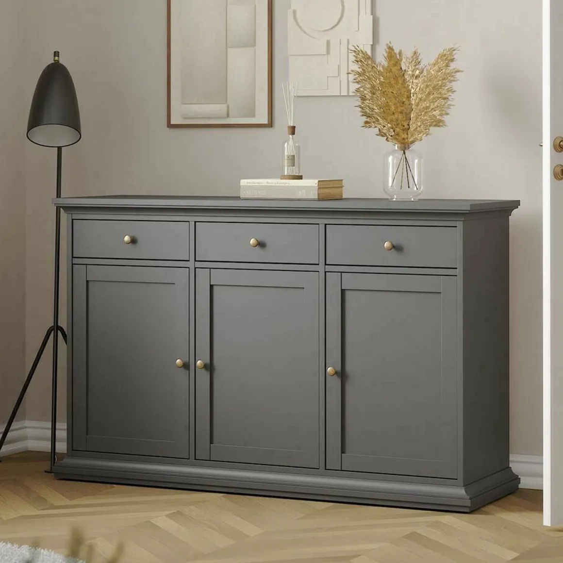 Credenza grigia 143x46x91h cm 3 ante e 3 cassetti - Asola