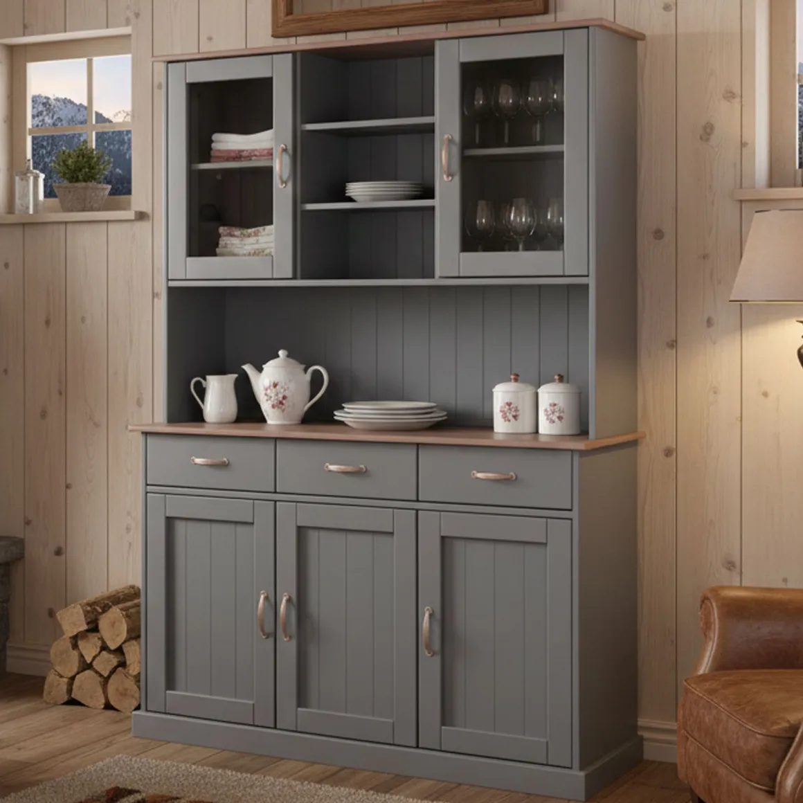 Credenza Grigio 3 Cassetti 6 Ripiani 131x45x191h cm, Apertura Battente, Scorrevole - Castana