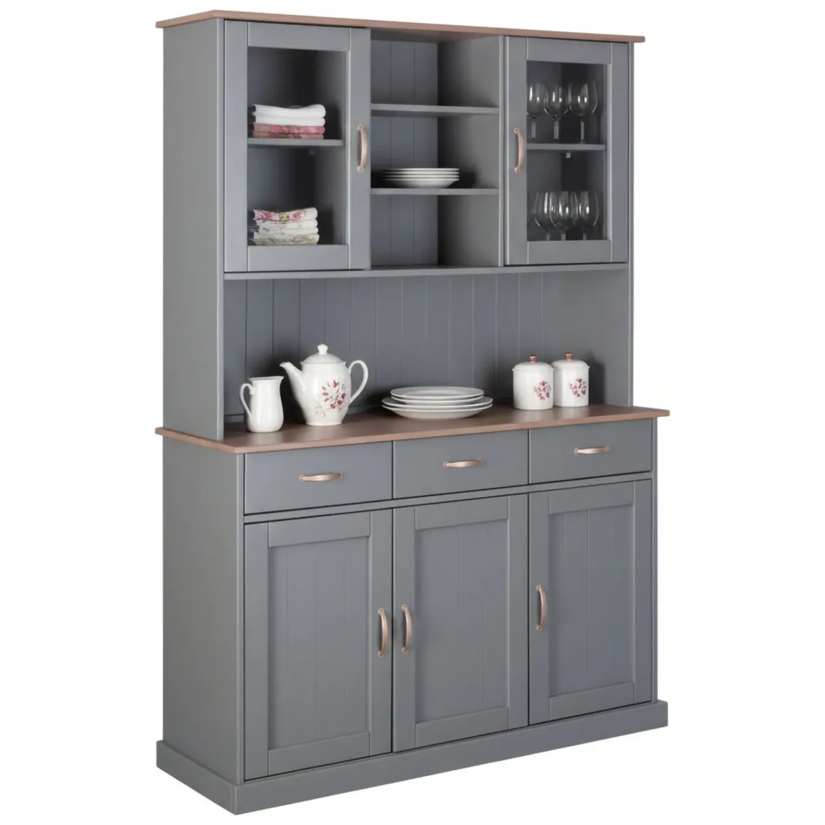 Credenza Grigio 3 Cassetti 6 Ripiani 131x45x191h cm, Apertura Battente, Scorrevole - Castana