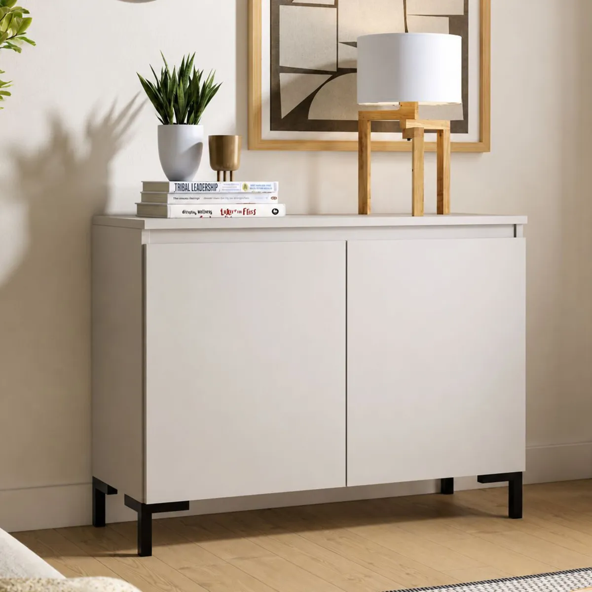 Credenze > Dmora Credenza Grigio Chiaro Nero 2 Ripiani Apertura Battente 100x37x75h cm, 2 Ante Made in Italy - Mimakasa Nero, Grigio Chiaro