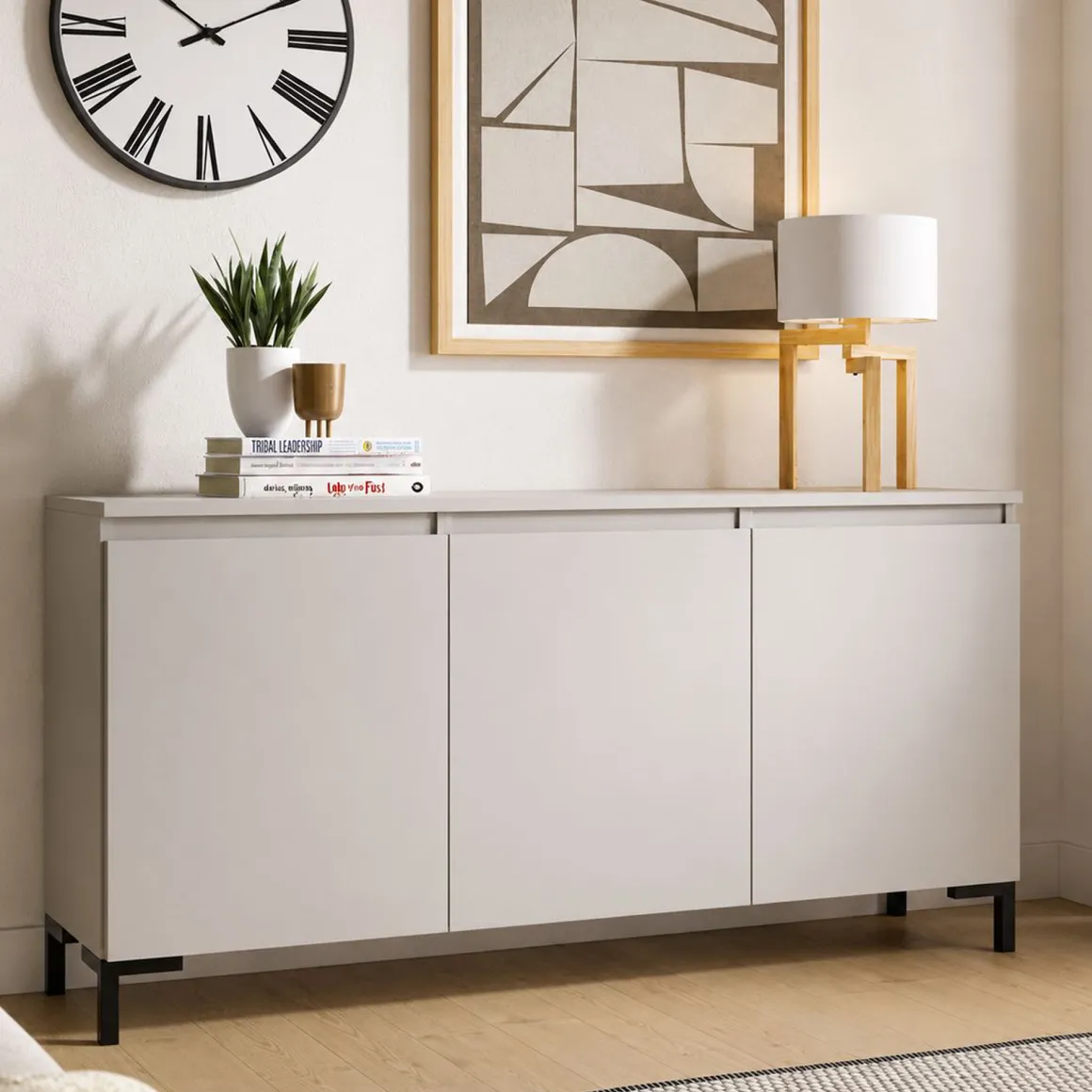 Credenza Grigio Chiaro Nero 3 Ripiani Apertura Battente 150x37x75h cm, 3 Ante Made in Italy - Milarele