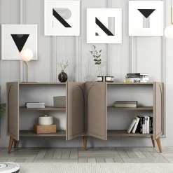Madie|Credenze > Dmora Credenza Grigio Tortora Marrone Noce 2 Ripiani 4 Ante 180x35x81h cm, 4 Vani - Niscemi Marrone Noce, Grigio Tortora