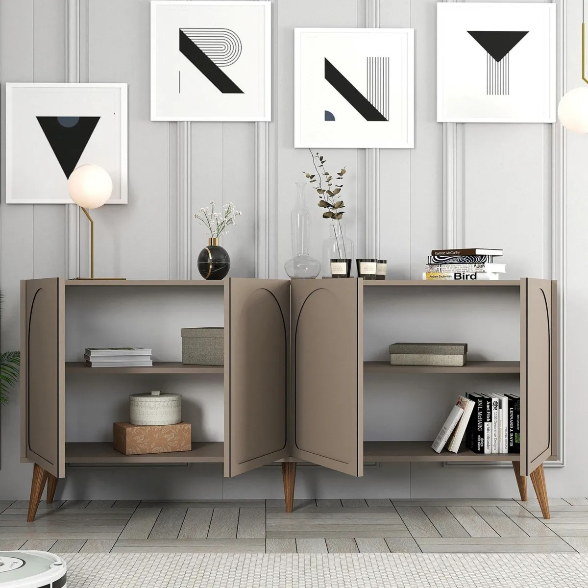 Madie|Credenze > Dmora Credenza Grigio Tortora Marrone Noce 2 Ripiani 4 Ante 180x35x81h cm, 4 Vani - Niscemi Marrone Noce, Grigio Tortora