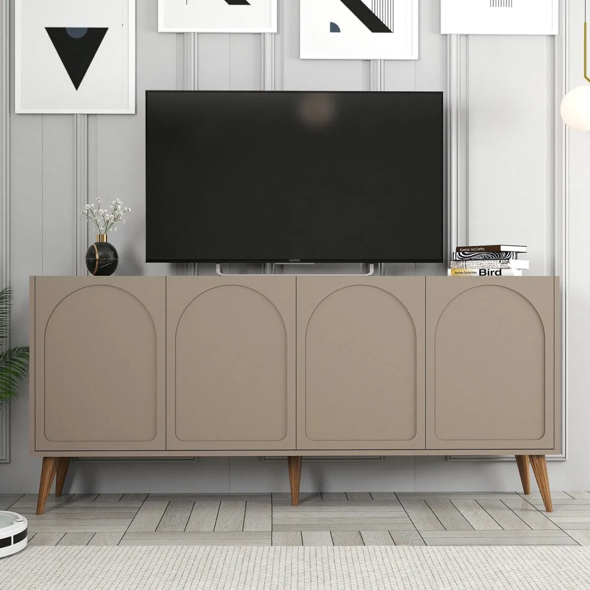 Madie|Credenze > Dmora Credenza Grigio Tortora Marrone Noce 2 Ripiani 4 Ante 180x35x81h cm, 4 Vani - Niscemi Marrone Noce, Grigio Tortora