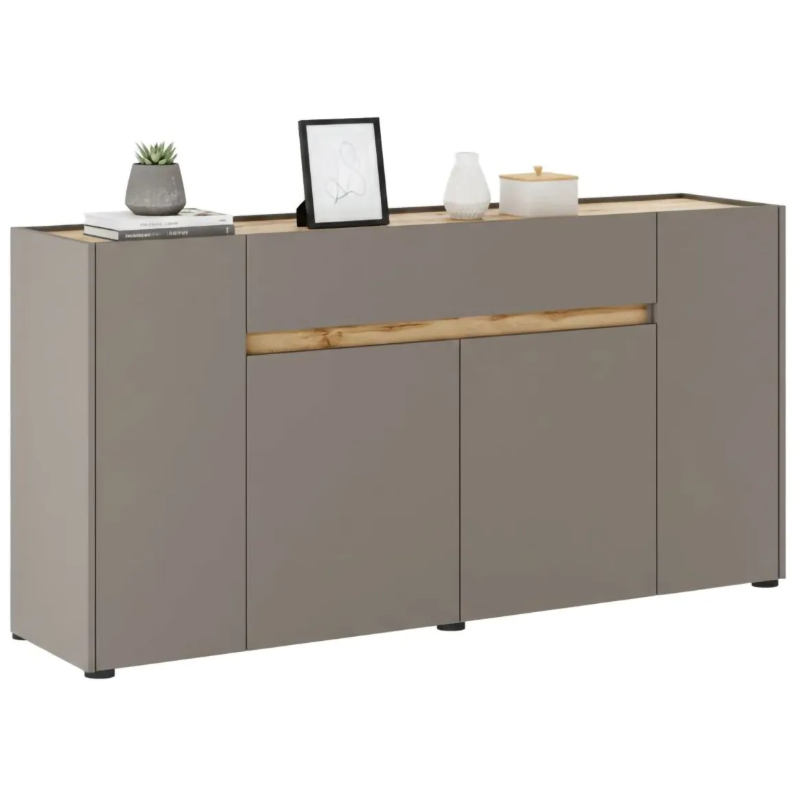 Credenza Grigio Tortora Marrone Quercia 3 Ripiani un Cassetto 170x40x85h cm, 4 Ante - Cirimido