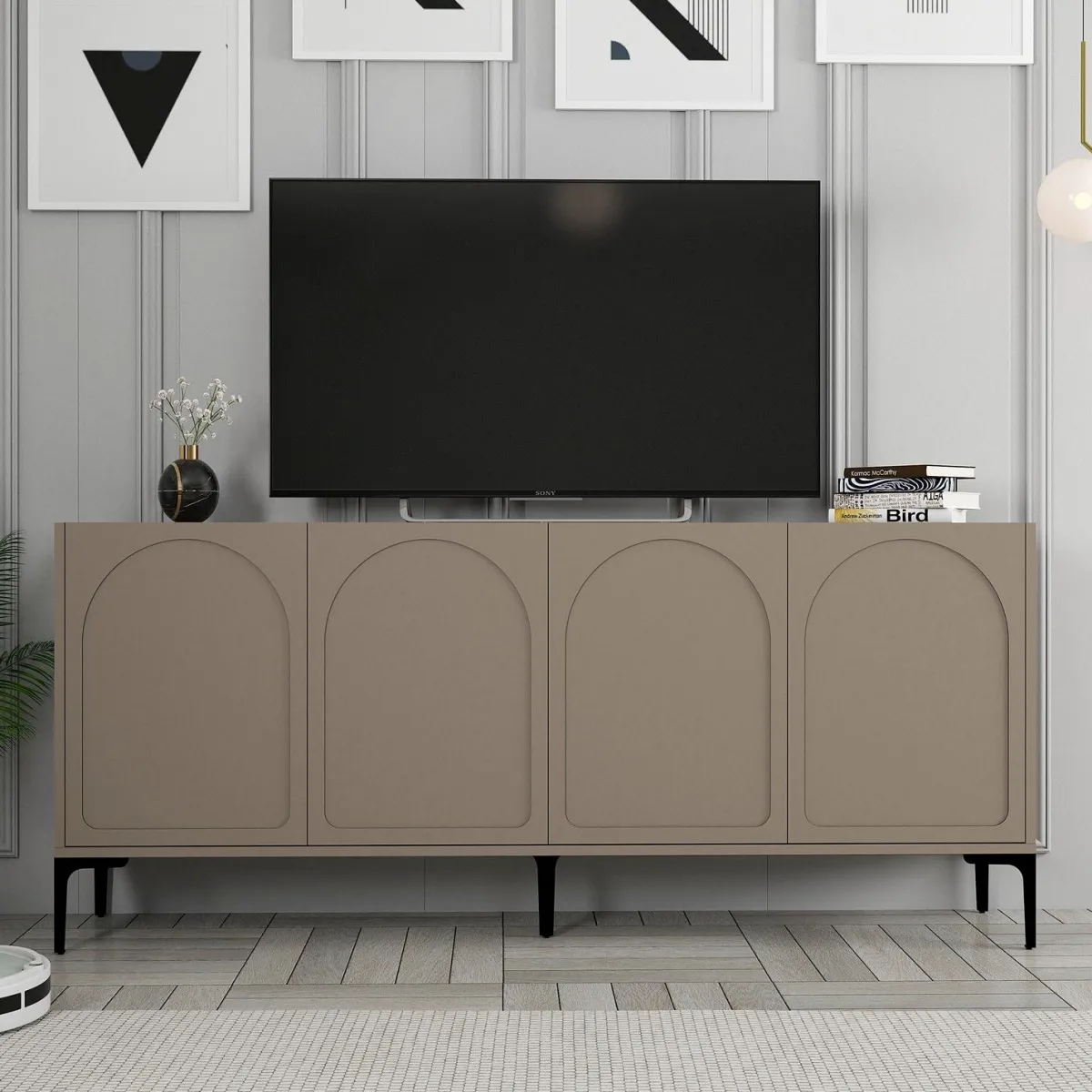 Madie > Dmora Credenza Grigio Tortora Nero 2 Ripiani 4 Vani 180x35x79h cm, 4 Ante - Torno Nero, Grigio Tortora