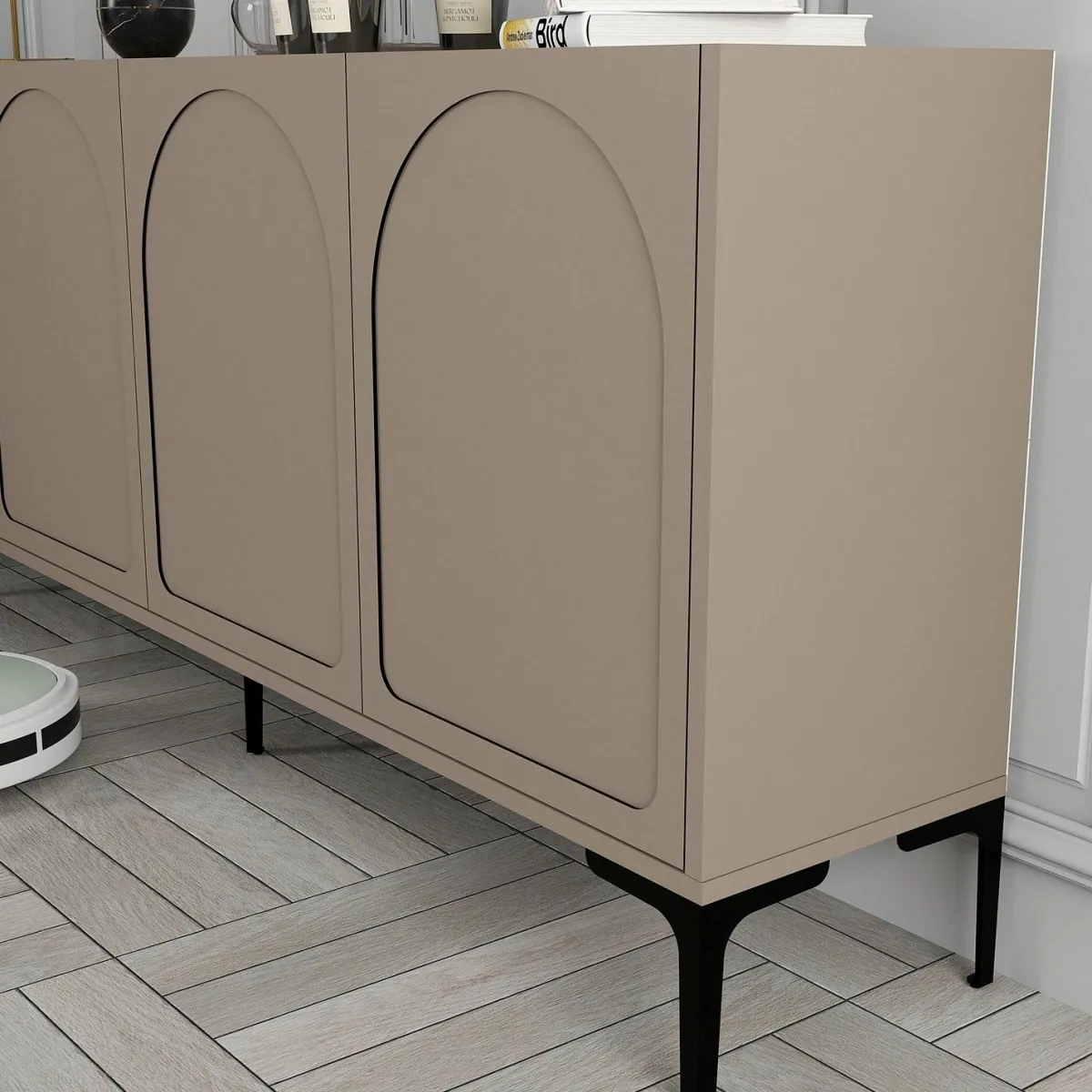 Madie > Dmora Credenza Grigio Tortora Nero 2 Ripiani 4 Vani 180x35x79h cm, 4 Ante - Torno Nero, Grigio Tortora