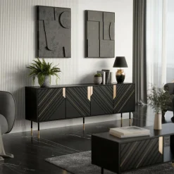 Madie|Credenze > Dmora Credenza Landiona, 204x40 h72 cm, Nero e Oro Oro, Nero