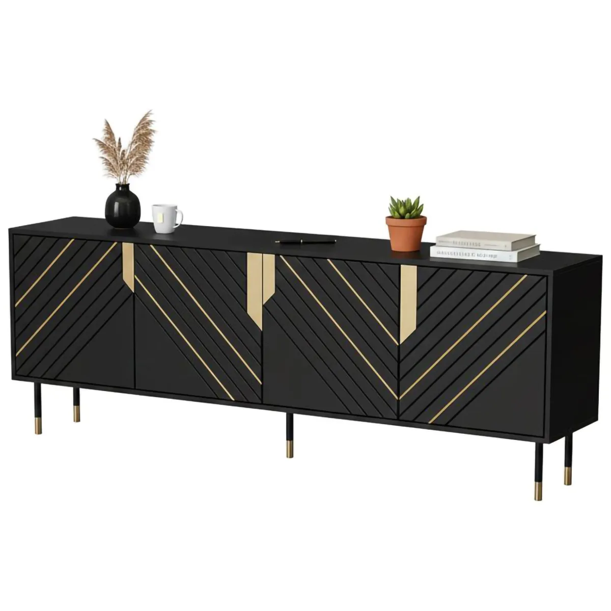 Madie|Credenze > Dmora Credenza Landiona, 204x40 h72 cm, Nero e Oro Oro, Nero