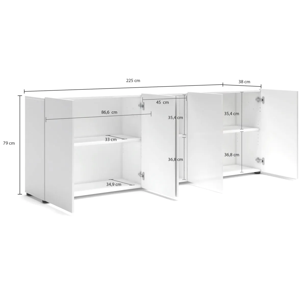 Madie|Credenze > Dmora Credenza larga bianco lucida 225x38x79h cm 5 ante - Macaria Bianco Lucido