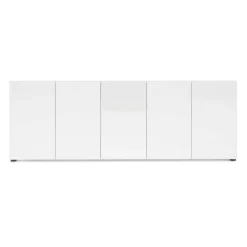 Madie|Credenze > Dmora Credenza larga bianco lucida 225x38x79h cm 5 ante - Macaria Bianco Lucido
