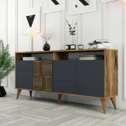 Cucina|Madie > Dmora Credenza legno e antracite 160x35x78h cm 4 ante - Garigliano Nero Antracite, Marrone Noce