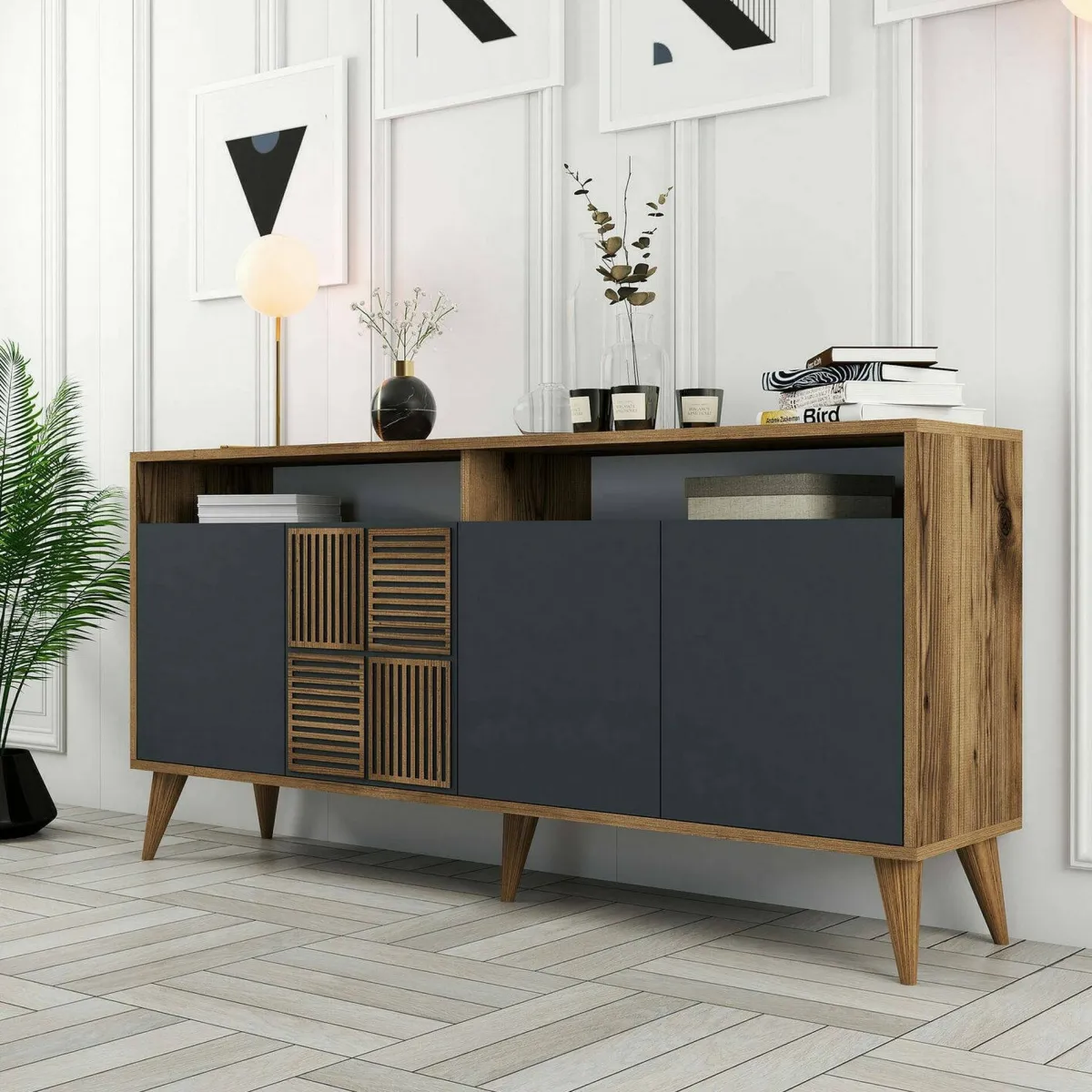 Cucina|Madie > Dmora Credenza legno e antracite 160x35x78h cm 4 ante - Garigliano Nero Antracite, Marrone Noce