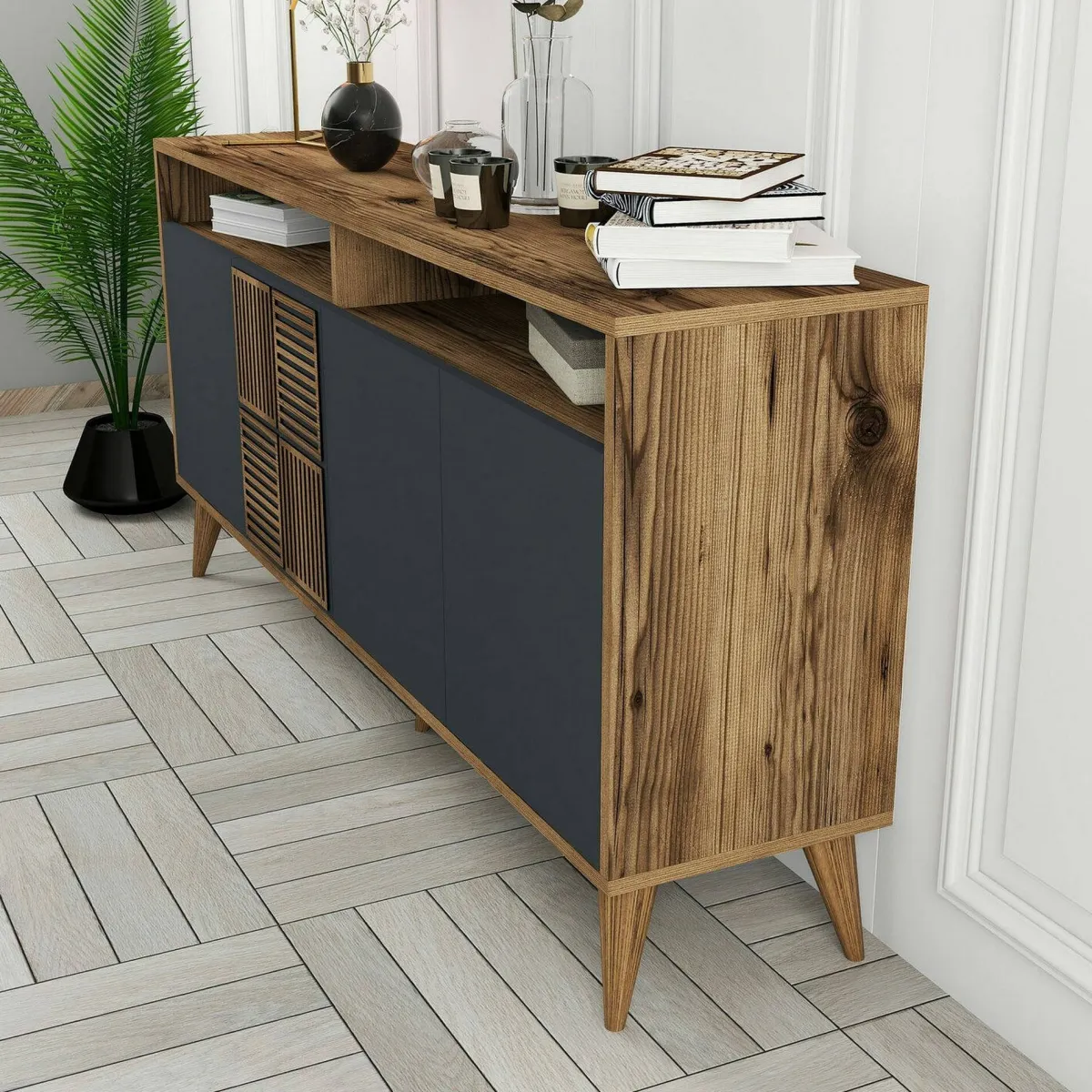 Cucina|Madie > Dmora Credenza legno e antracite 160x35x78h cm 4 ante - Garigliano Nero Antracite, Marrone Noce