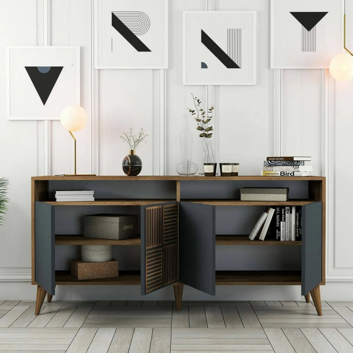 Cucina|Madie > Dmora Credenza legno e antracite 160x35x78h cm 4 ante - Garigliano Nero Antracite, Marrone Noce