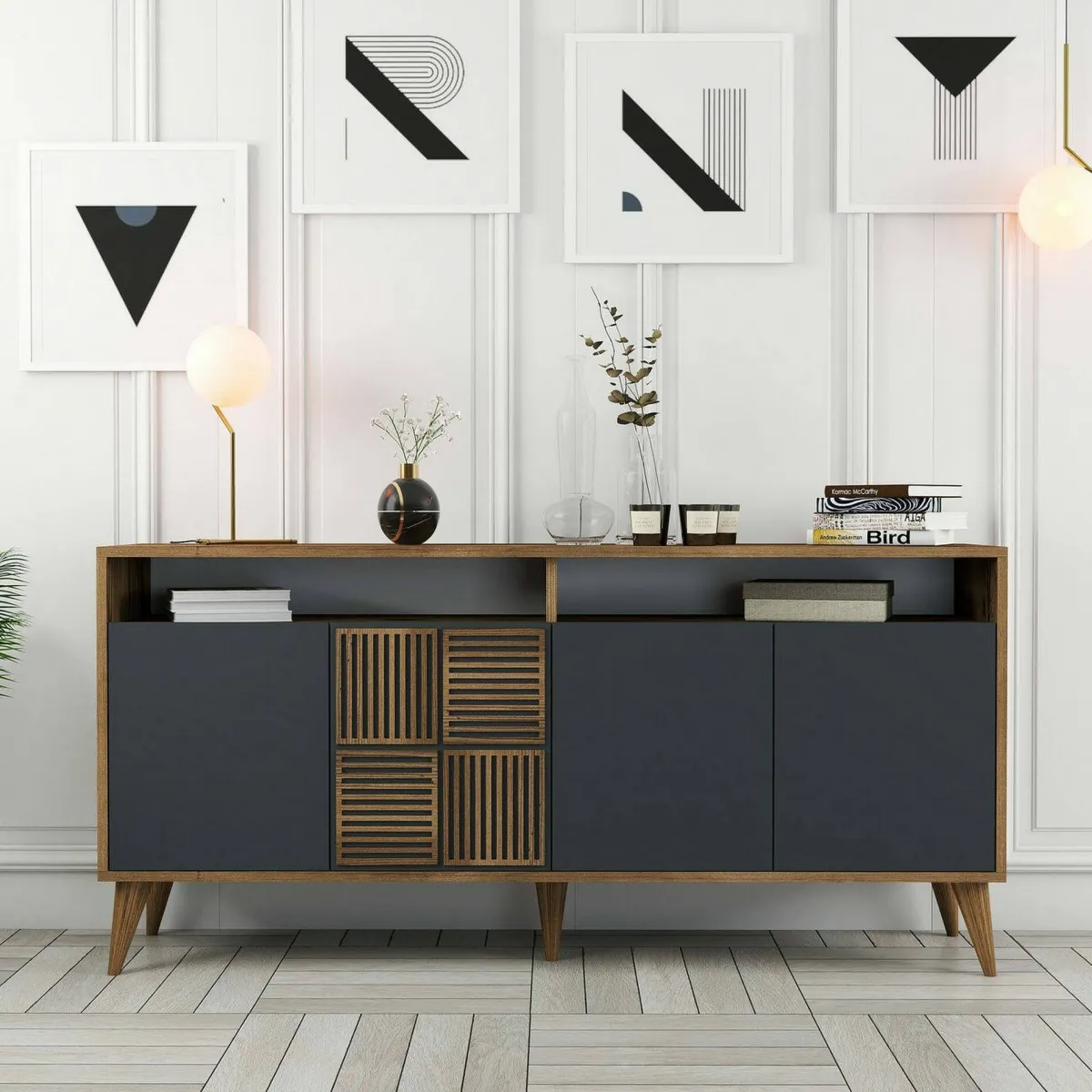 Cucina|Madie > Dmora Credenza legno e antracite 160x35x78h cm 4 ante - Garigliano Nero Antracite, Marrone Noce