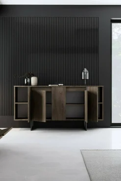 Cucina|Madie > Dmora Credenza legno scuro e nera 160x35x80h cm 4 ante - Arta Nero, Marrone Noce