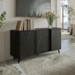 Madie|Credenze > Dmora Credenza marmo e nera 190x40x68h cm 3 ante - Briano Nero, Nero Marmo