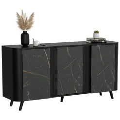 Madie|Credenze > Dmora Credenza marmo e nera 190x40x68h cm 3 ante - Briano Nero, Nero Marmo