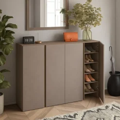 Madie|Credenze > Dmora Credenza 10 Ripiani 12 Vani 140x35x111h cm, 4 Ante - Nebbiuno Marrone Bronzo