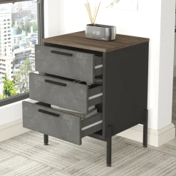 Madie|Credenze > Dmora Credenza marrone e grigia 54x44x70h cm 3 cassetti - Butchoy Grigio, Marrone