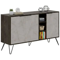 Madie|Credenze > Dmora Credenza marrone e marmo 142x35x83h cm 3 ante - Arlene Grigio, Beige Marmo