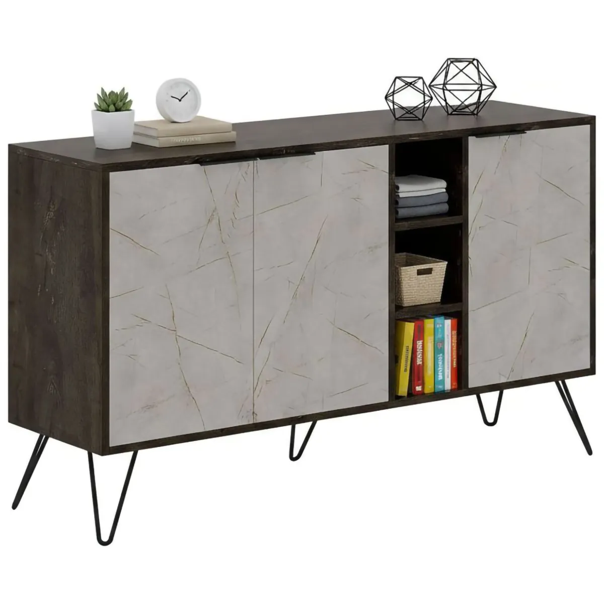 Madie|Credenze > Dmora Credenza marrone e marmo 142x35x83h cm 3 ante - Arlene Grigio, Beige Marmo