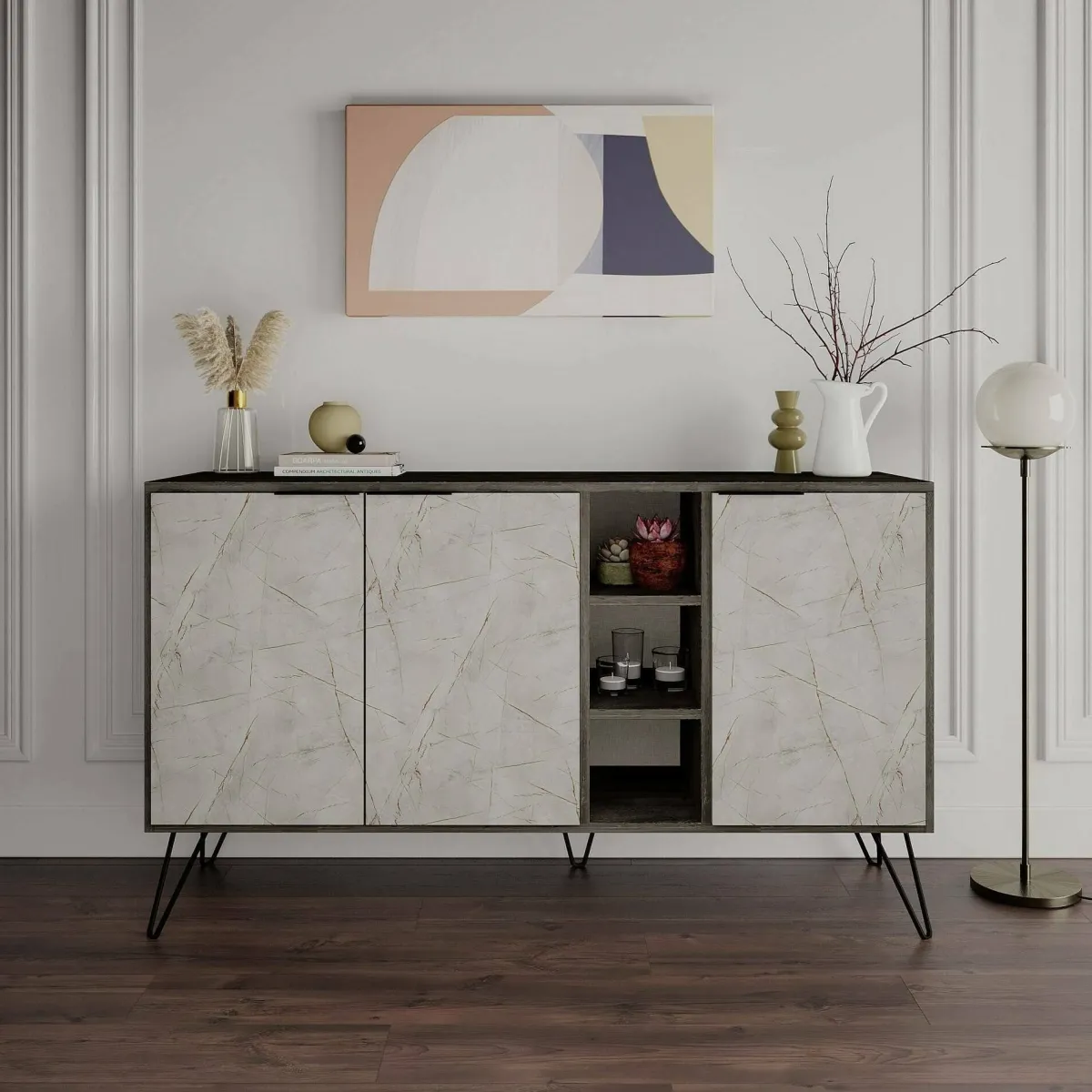 Madie|Credenze > Dmora Credenza marrone e marmo 142x35x83h cm 3 ante - Arlene Grigio, Beige Marmo